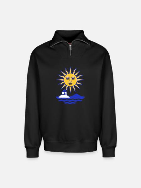 Greece Sun: Sun, Water, Chapel - Relaxed Unisex Organic Half Zip Sweatshirt – by SPREAD - black