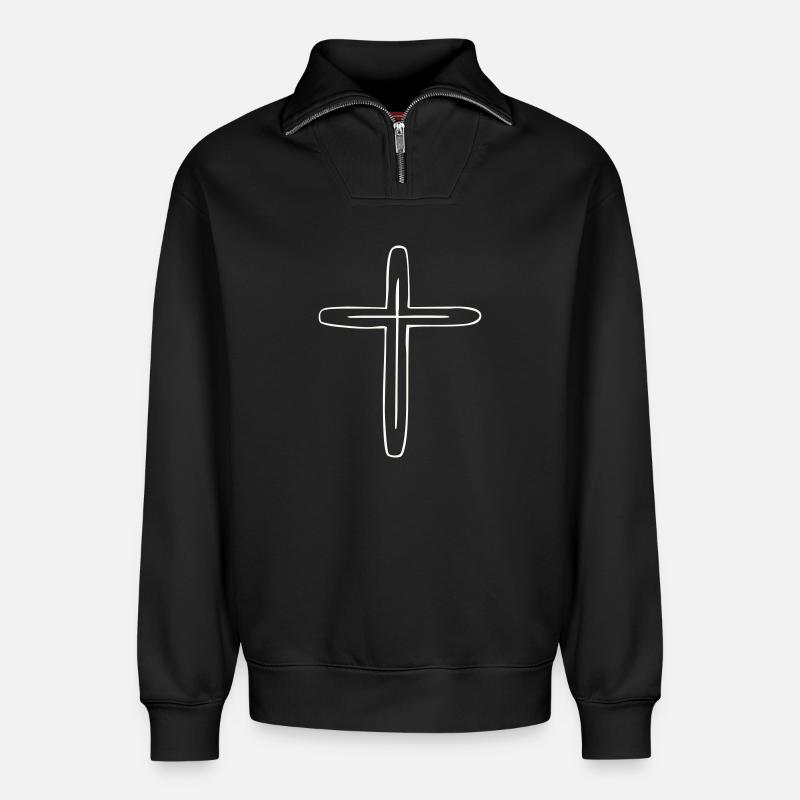 croix - Sweat unisexe décontracté en coton biologique à demi-zip – de SPREAD - noir