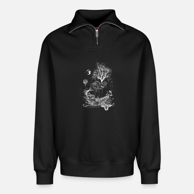 Elefant,Papierschiff und Baum- surreales Design - Relaxed Unisex Organic Half Zip Sweatshirt – von SPREAD - Schwarz