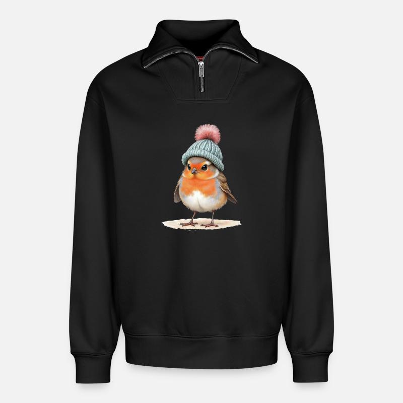 Robin in Strick-Wintermütze - Relaxed Unisex Organic Half Zip Sweatshirt – von SPREAD - Schwarz
