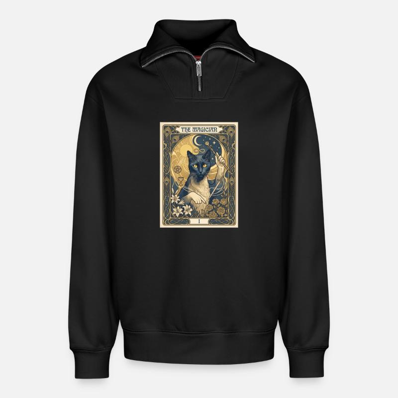 Cat, le magicien - Sweat unisexe décontracté en coton biologique à demi-zip – de SPREAD - noir