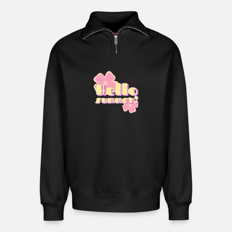 Hello Summer fleurs pastel rétro - Sweat unisexe décontracté en coton biologique à demi-zip – de SPREAD - noir