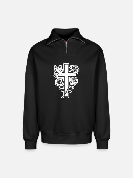 Colombe croix chrétienne - Sweat unisexe décontracté en coton biologique à demi-zip – de SPREAD - noir