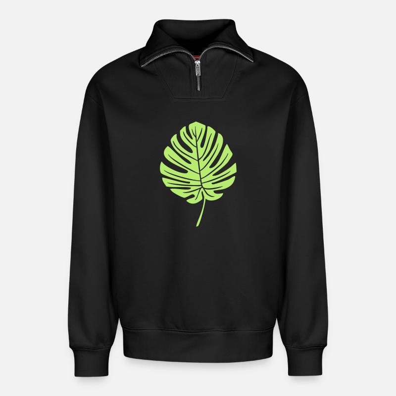 Grünes Monstera Blatt - Relaxed Unisex Organic Half Zip Sweatshirt – von SPREAD - Schwarz