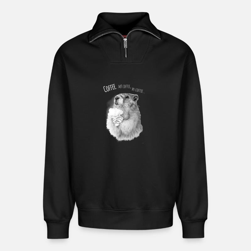 Kaffeehamster Genuss - Relaxed Unisex Organic Half Zip Sweatshirt – von SPREAD - Schwarz