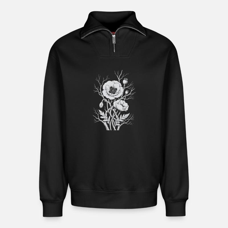 Fleurs de pavot - Sweat unisexe décontracté en coton biologique à demi-zip – de SPREAD - noir