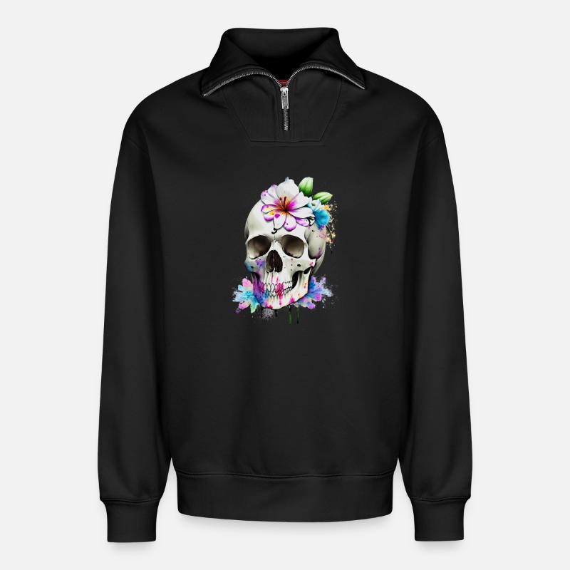 Schädel mit Lilien - Relaxed Unisex Organic Half Zip Sweatshirt – von SPREAD - Schwarz