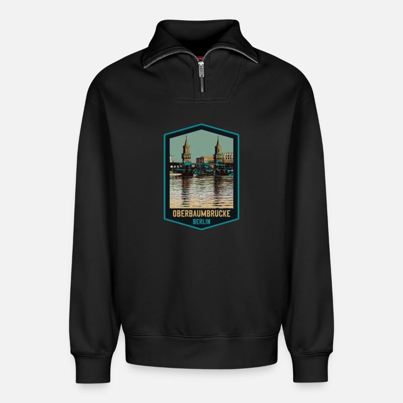 Illustration Oberbaumbrücke, Berlin - Relaxed Unisex Organic Half Zip Sweatshirt – von SPREAD - Schwarz