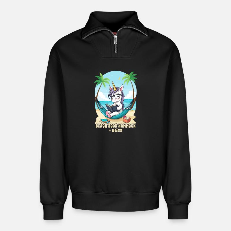 Einhorn mit Buch - Relaxed Unisex Organic Half Zip Sweatshirt – von SPREAD - Schwarz