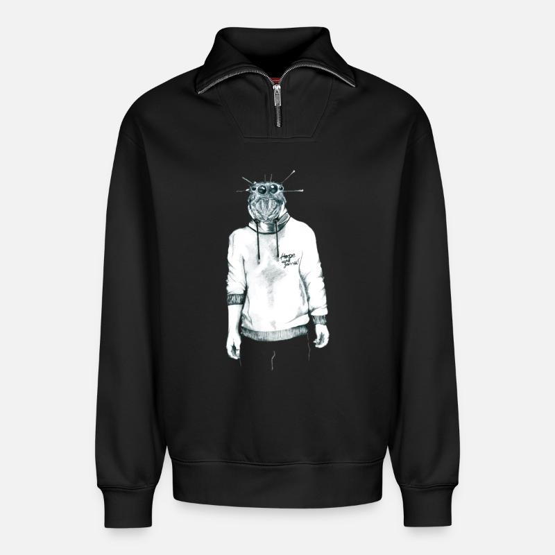Mensch mit Spinnenkopf im Kapuzenpullover - Relaxed Unisex Organic Half Zip Sweatshirt – von SPREAD - Schwarz