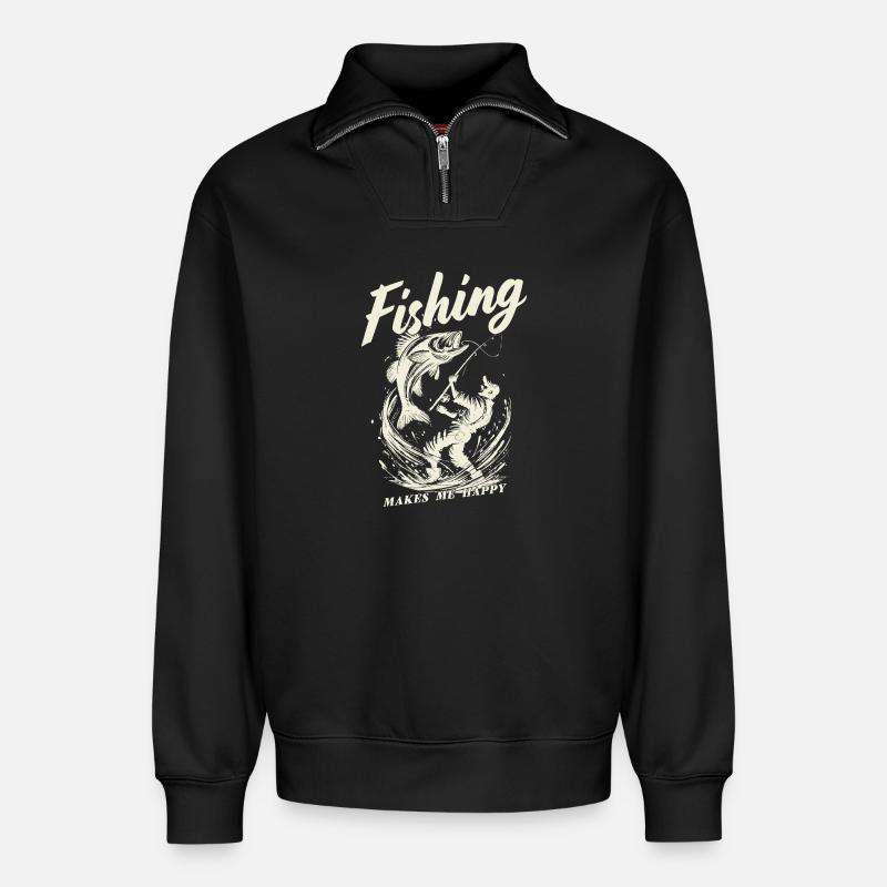 Fishing makes me happy - Relaxed Unisex Organic Half Zip Sweatshirt – von SPREAD - Schwarz