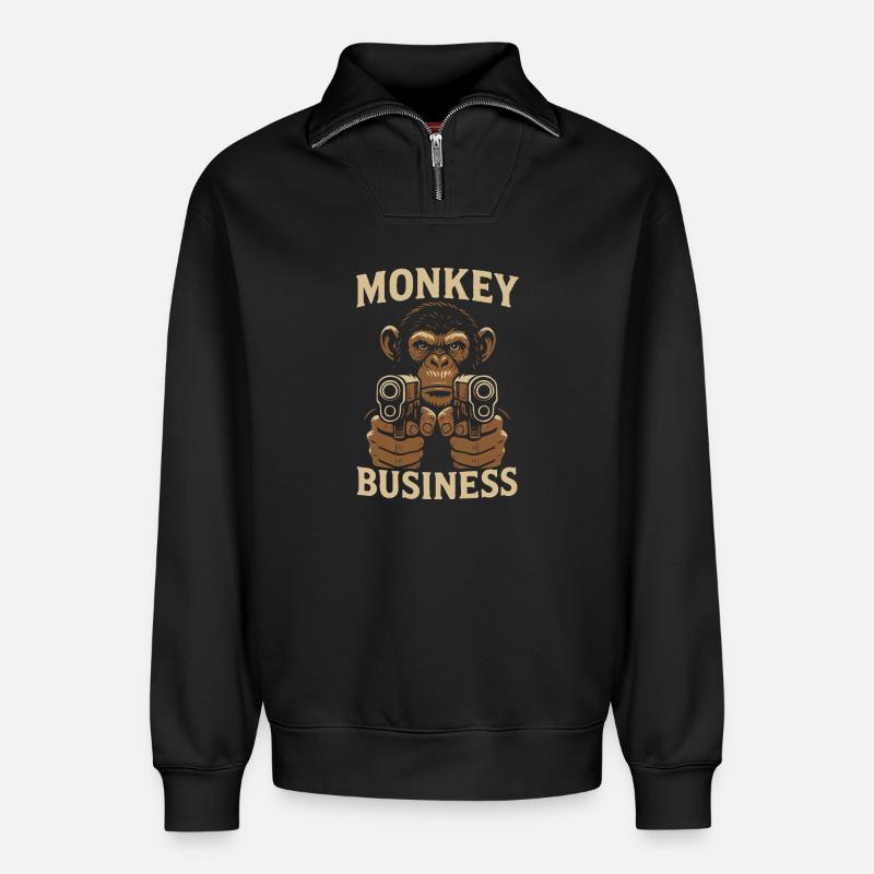 Affe mit Monkey Business Gun - Relaxed Unisex Organic Half Zip Sweatshirt – von SPREAD - Schwarz