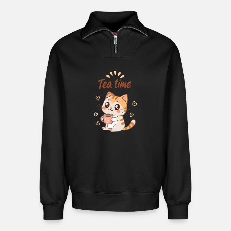 Cute Cat Tea Time Süße Gemütlich - Relaxed Unisex Organic Half Zip Sweatshirt – von SPREAD - Schwarz