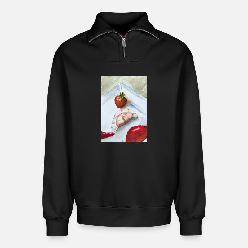 Erdbeer-Ingwer-Stillleben - Relaxed Unisex Organic Half Zip Sweatshirt – von SPREAD - Schwarz