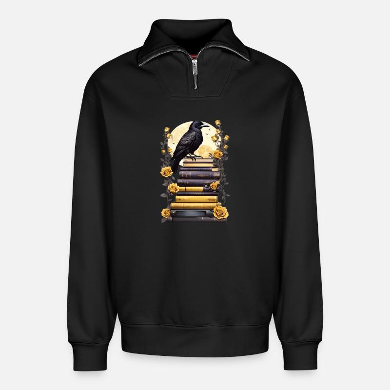 Bücherstapel mit Rabe - Relaxed Unisex Organic Half Zip Sweatshirt – von SPREAD - Schwarz