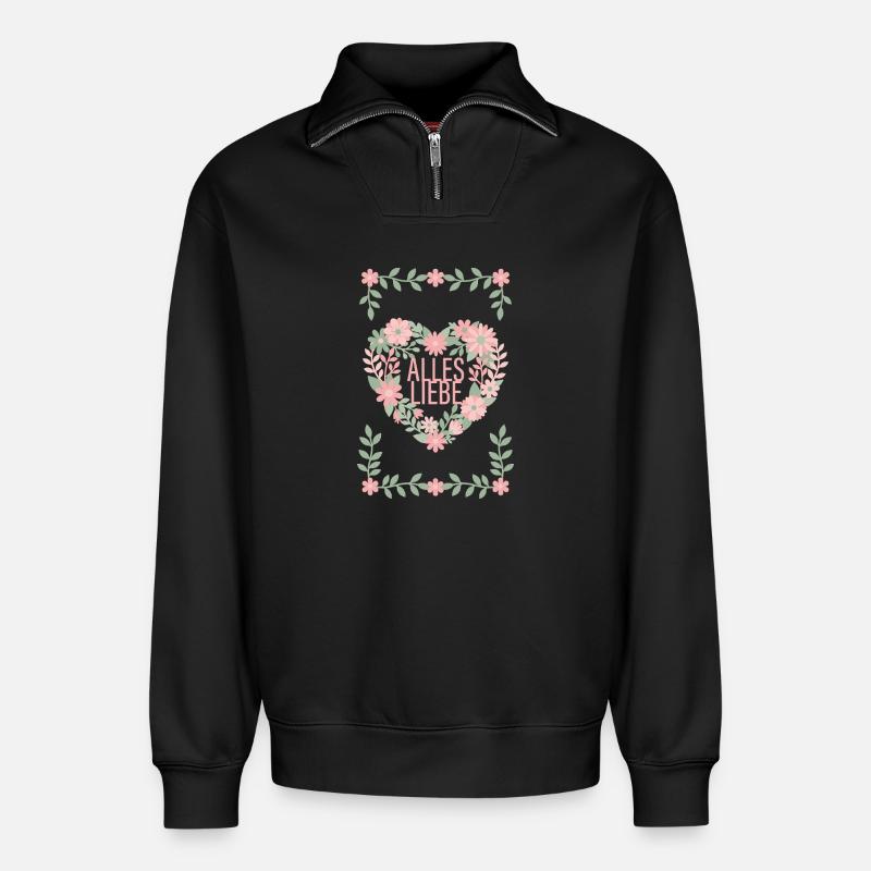 Alles Liebe Blumen Herz - Relaxed Unisex Organic Half Zip Sweatshirt – von SPREAD - Schwarz