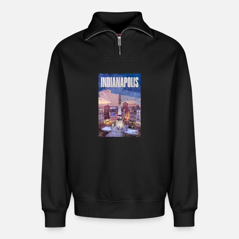 Indianapolis Skyline am Monument Circle - Relaxed Unisex Organic Half Zip Sweatshirt – von SPREAD - Schwarz
