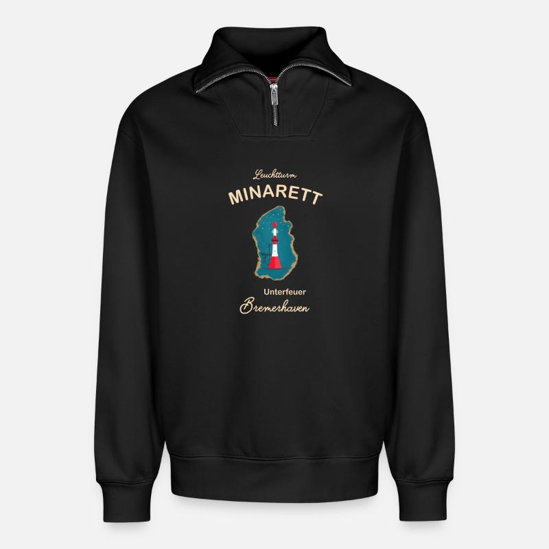Bremerhaven, lighthouse underfire, minaret, - Relaxed Unisex Organic Half Zip Sweatshirt – by SPREAD - black