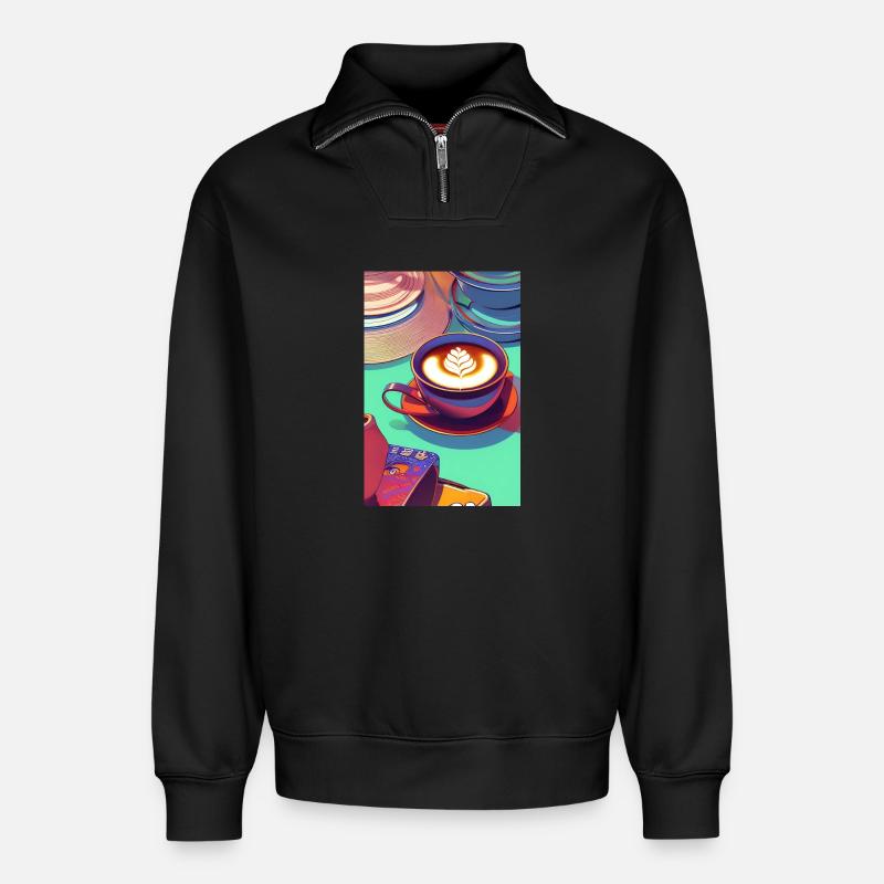 Coffee, coffee beans - Relaxed Unisex Organic Half Zip Sweatshirt – by SPREAD - black
