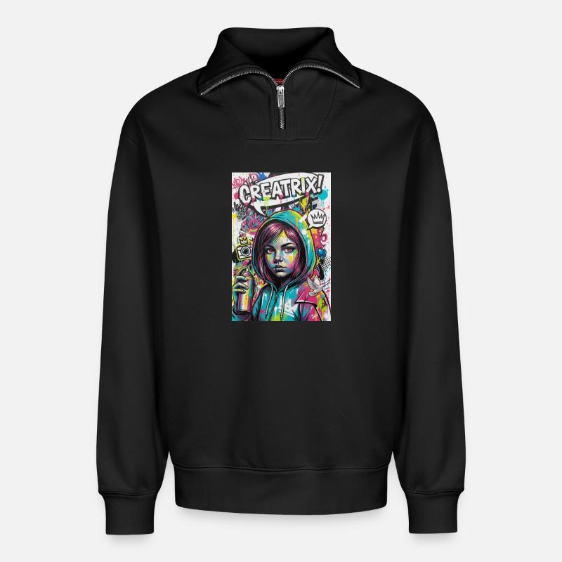 Farbexplosion Graffiti Heldin - Relaxed Unisex Organic Half Zip Sweatshirt – von SPREAD - Schwarz