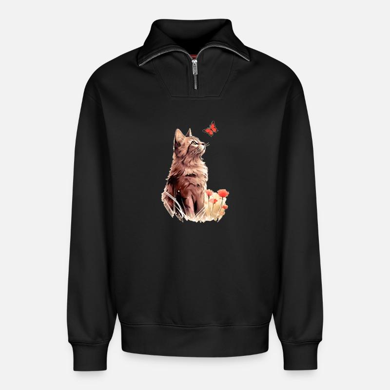 Chat et papillon - Sweat unisexe décontracté en coton biologique à demi-zip – de SPREAD - noir