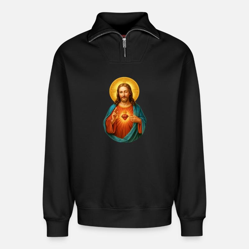Zwinkernder Jesus Herz Jesu Strahlendes Heilsbild - Relaxed Unisex Organic Half Zip Sweatshirt – von SPREAD - Schwarz