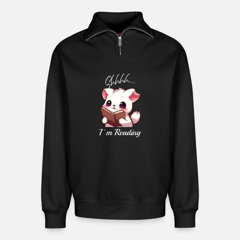 Katze mit Buch - Relaxed Unisex Organic Half Zip Sweatshirt – von SPREAD - Schwarz