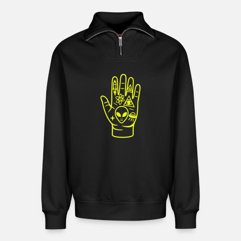 Main culte extraterrestre - Sweat unisexe décontracté en coton biologique à demi-zip – de SPREAD - noir