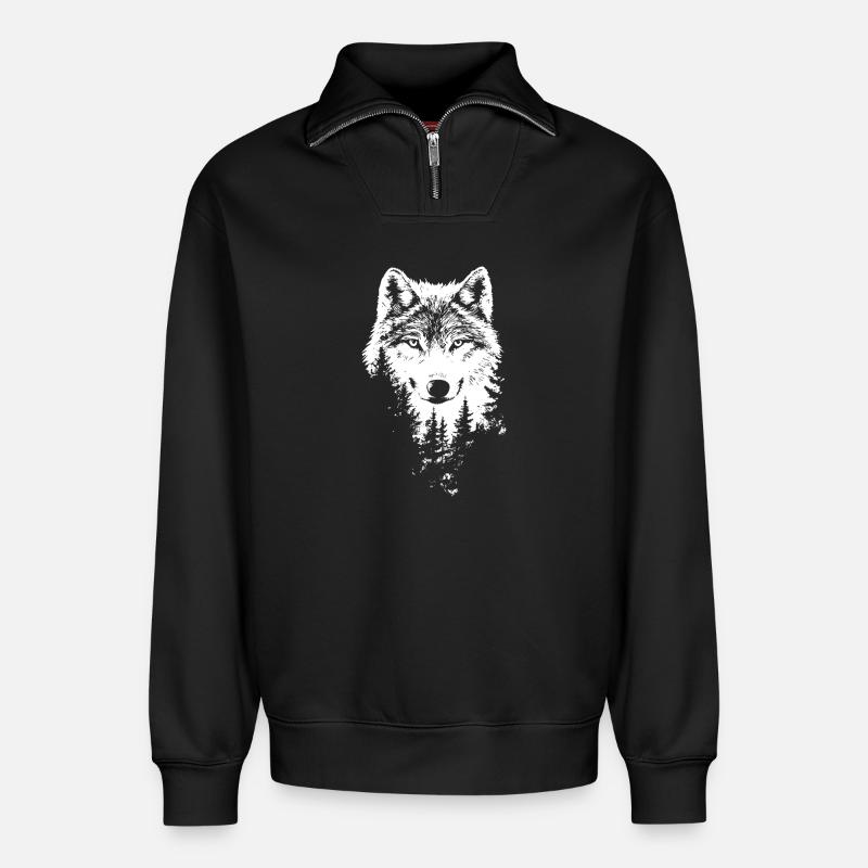 Wolf Gesicht Wald Silhouette - Relaxed Unisex Organic Half Zip Sweatshirt – von SPREAD - Schwarz