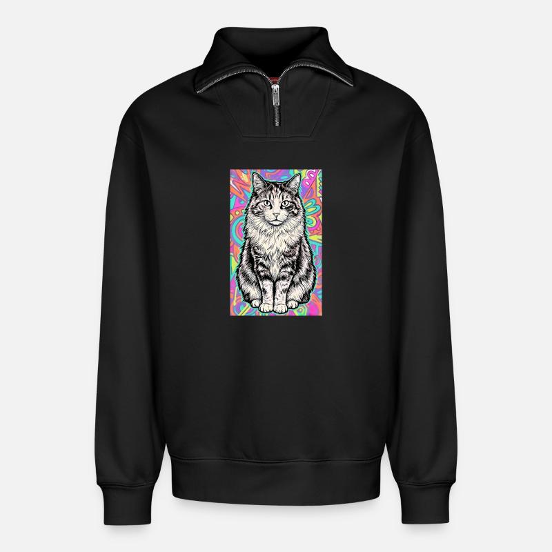 Katze - Relaxed Unisex Organic Half Zip Sweatshirt – von SPREAD - Schwarz