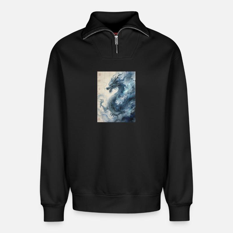 La Nuit Constellée : Dragon Bleu – Éther - Sweat unisexe décontracté en coton biologique à demi-zip – de SPREAD - noir
