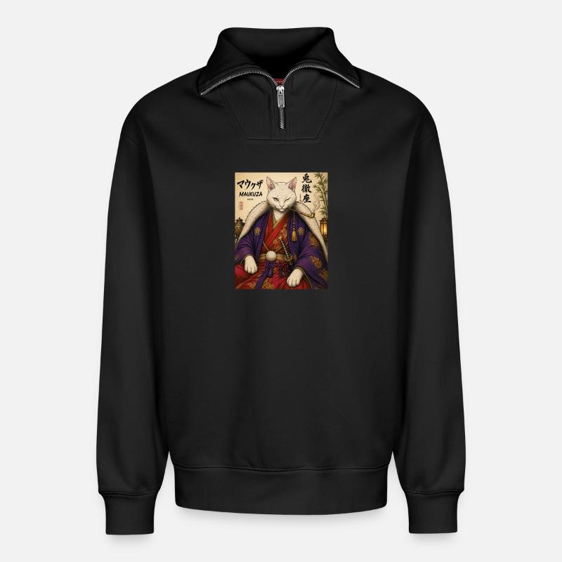Maukuza Samurai Katze - Relaxed Unisex Organic Half Zip Sweatshirt – von SPREAD - Schwarz