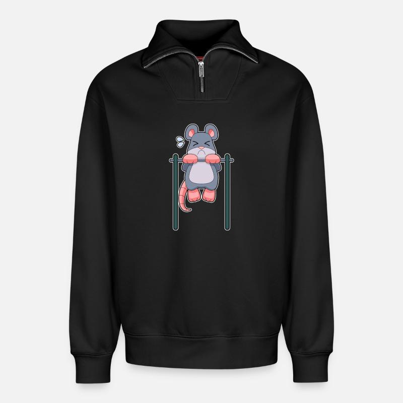 Mouse Bodybuilder Pull-Up Fitness - Relaxed Unisex Organic Half Zip Sweatshirt – by SPREAD - black