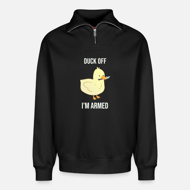 Duck dich weg, ich bin bewaffnet - Relaxed Unisex Organic Half Zip Sweatshirt – von SPREAD - Schwarz
