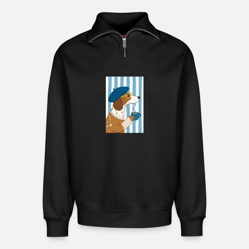 Chien chic café et béret - Sweat unisexe décontracté en coton biologique à demi-zip – de SPREAD - noir