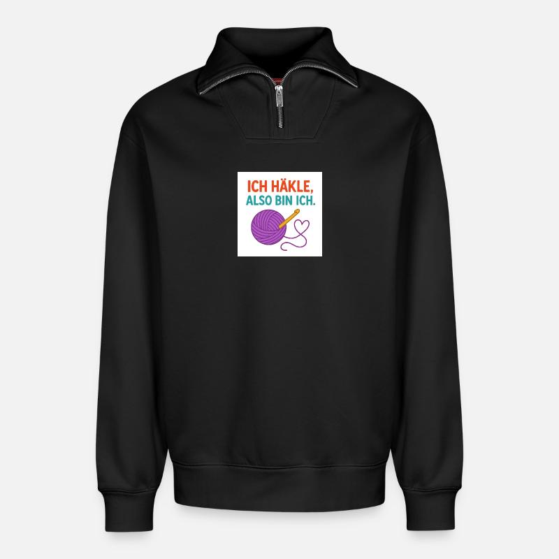 Ich häkle, also bin ich - Relaxed Unisex Organic Half Zip Sweatshirt – von SPREAD - Schwarz