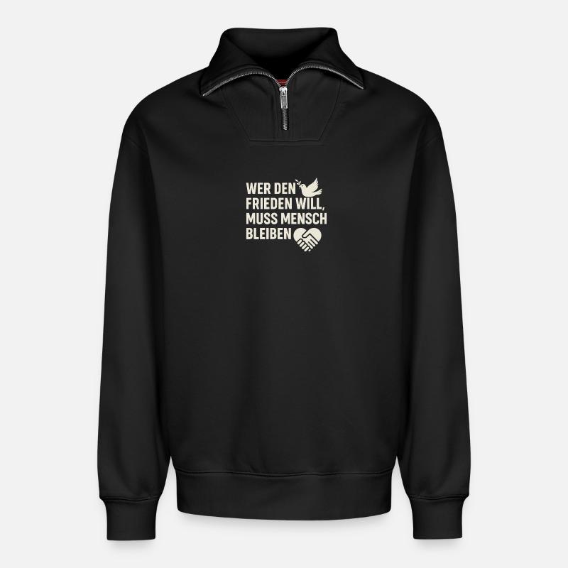 Frieden & Menschlichkeit - Relaxed Unisex Organic Half Zip Sweatshirt – von SPREAD - Schwarz