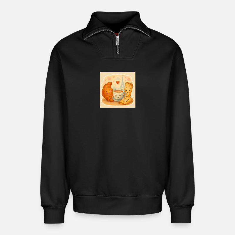 Paris Breakfast Cuddle - Relaxed Unisex Organic Half Zip Sweatshirt – by SPREAD - black