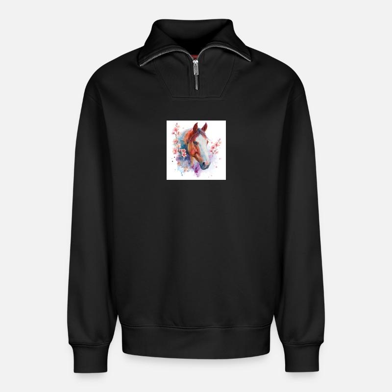 Aquarell Pferd und Blüten - Relaxed Unisex Organic Half Zip Sweatshirt – von SPREAD - Schwarz