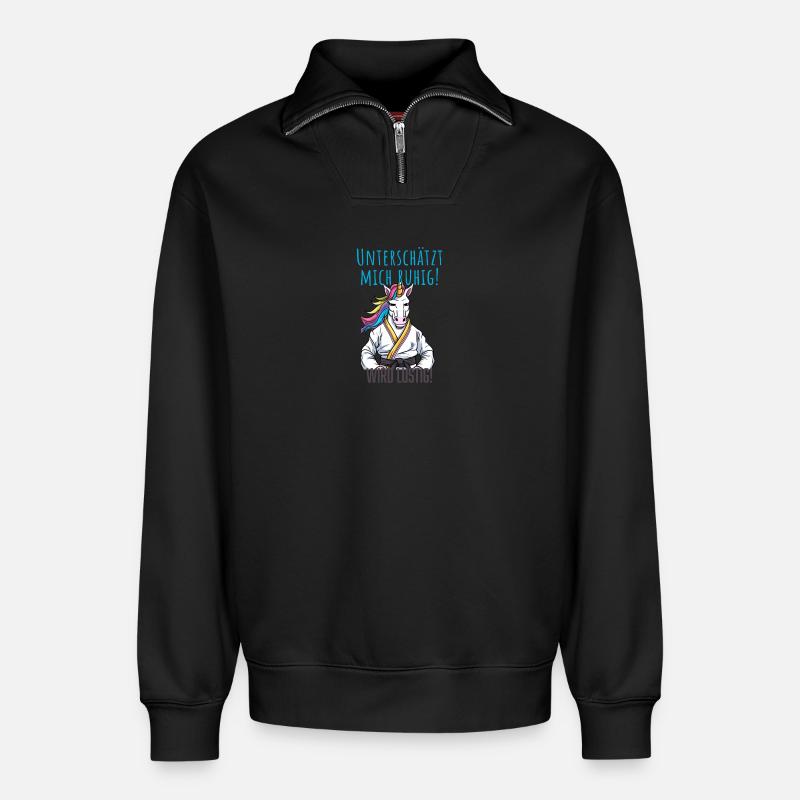 Karate Einhorn - Relaxed Unisex Organic Half Zip Sweatshirt – von SPREAD - Schwarz