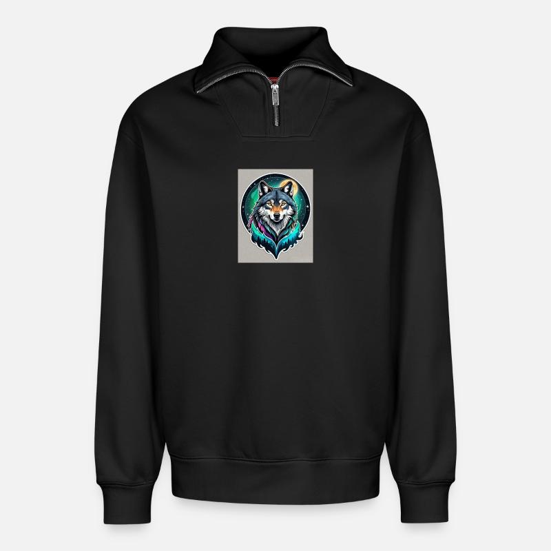 Aurora-Wolf im Mondlicht - Relaxed Unisex Organic Half Zip Sweatshirt – von SPREAD - Schwarz