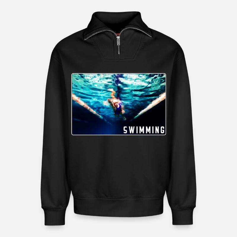 Natation - conception - Sweat unisexe décontracté en coton biologique à demi-zip – de SPREAD - noir