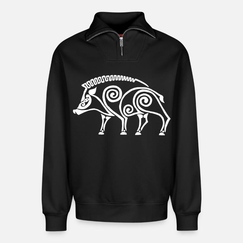 sanglier celte blanc - Sweat unisexe décontracté en coton biologique à demi-zip – de SPREAD - noir