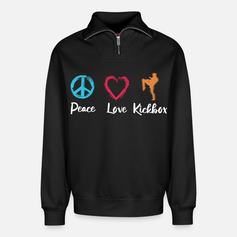 Frieden Liebe Kickbox - Relaxed Unisex Organic Half Zip Sweatshirt – von SPREAD - Schwarz