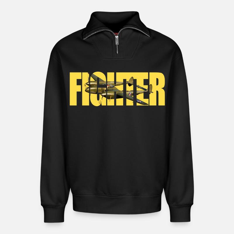 Fighter P-38 Lightning - Relaxed Unisex Organic Half Zip Sweatshirt – von SPREAD - Schwarz