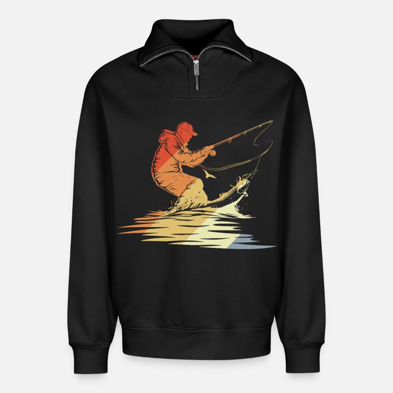 Pêche Graphique Style Rétro - Sweat unisexe décontracté en coton biologique à demi-zip – de SPREAD - noir