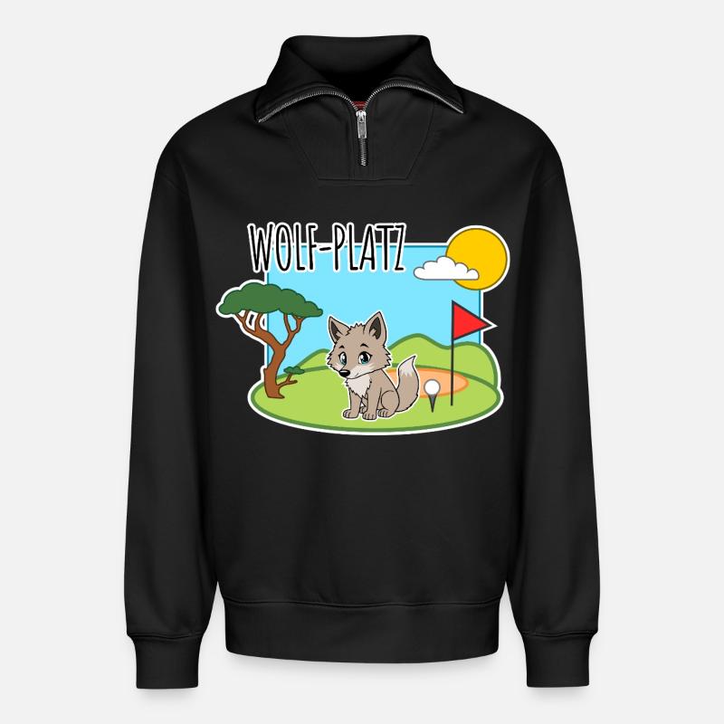 Wolf-Platz - Ein Wolf auf dem Golfplatz - Relaxed Unisex Organic Half Zip Sweatshirt – von SPREAD - Schwarz