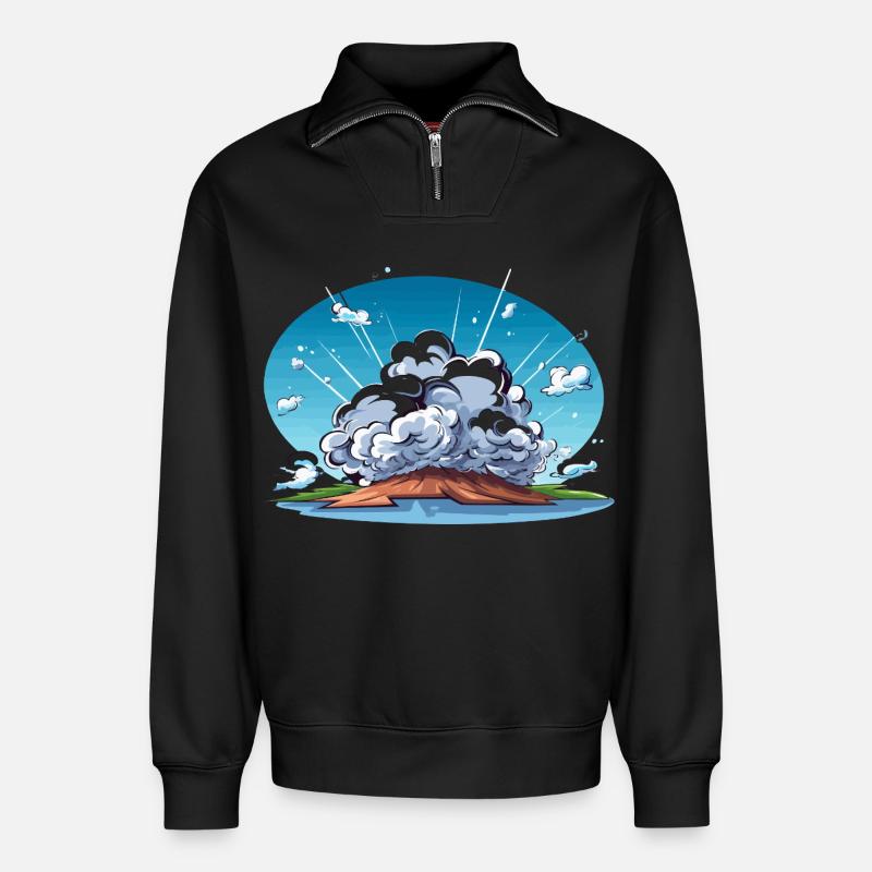 Comic Explosion im Landschaftspanorama - Relaxed Unisex Organic Half Zip Sweatshirt – von SPREAD - Schwarz