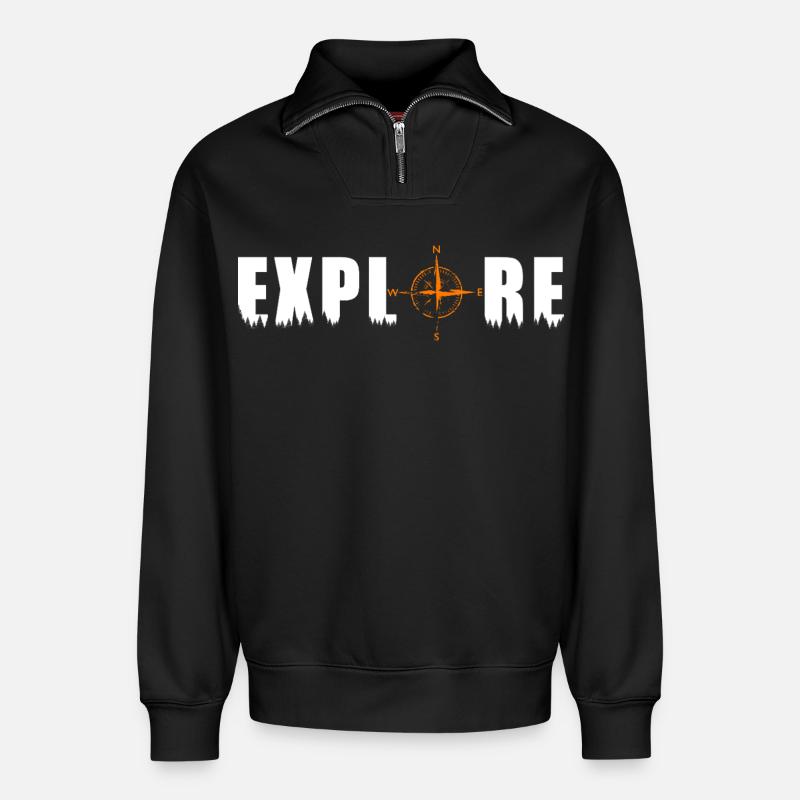 Explore Motiv mit einem Kompass - Relaxed Unisex Organic Half Zip Sweatshirt – von SPREAD - Schwarz