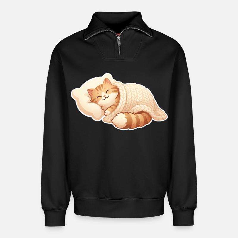 Katze Schlafen - Relaxed Unisex Organic Half Zip Sweatshirt – von SPREAD - Schwarz